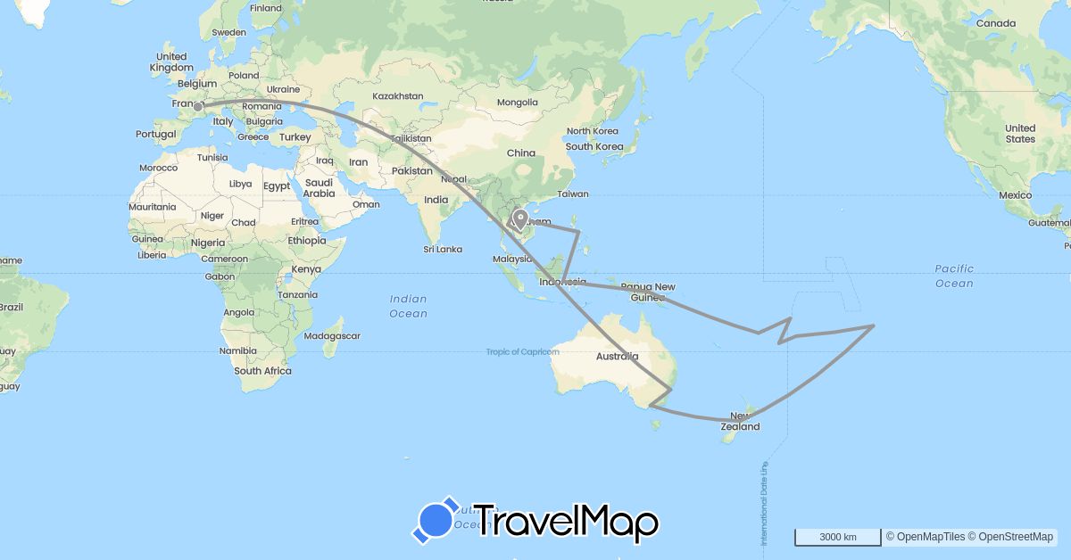 TravelMap itinerary: driving, plane in Australia, Fiji, France, Indonesia, Laos, Niue, New Zealand, Papua New Guinea, Philippines, Thailand, Tonga, Samoa (Asia, Europe, Oceania)